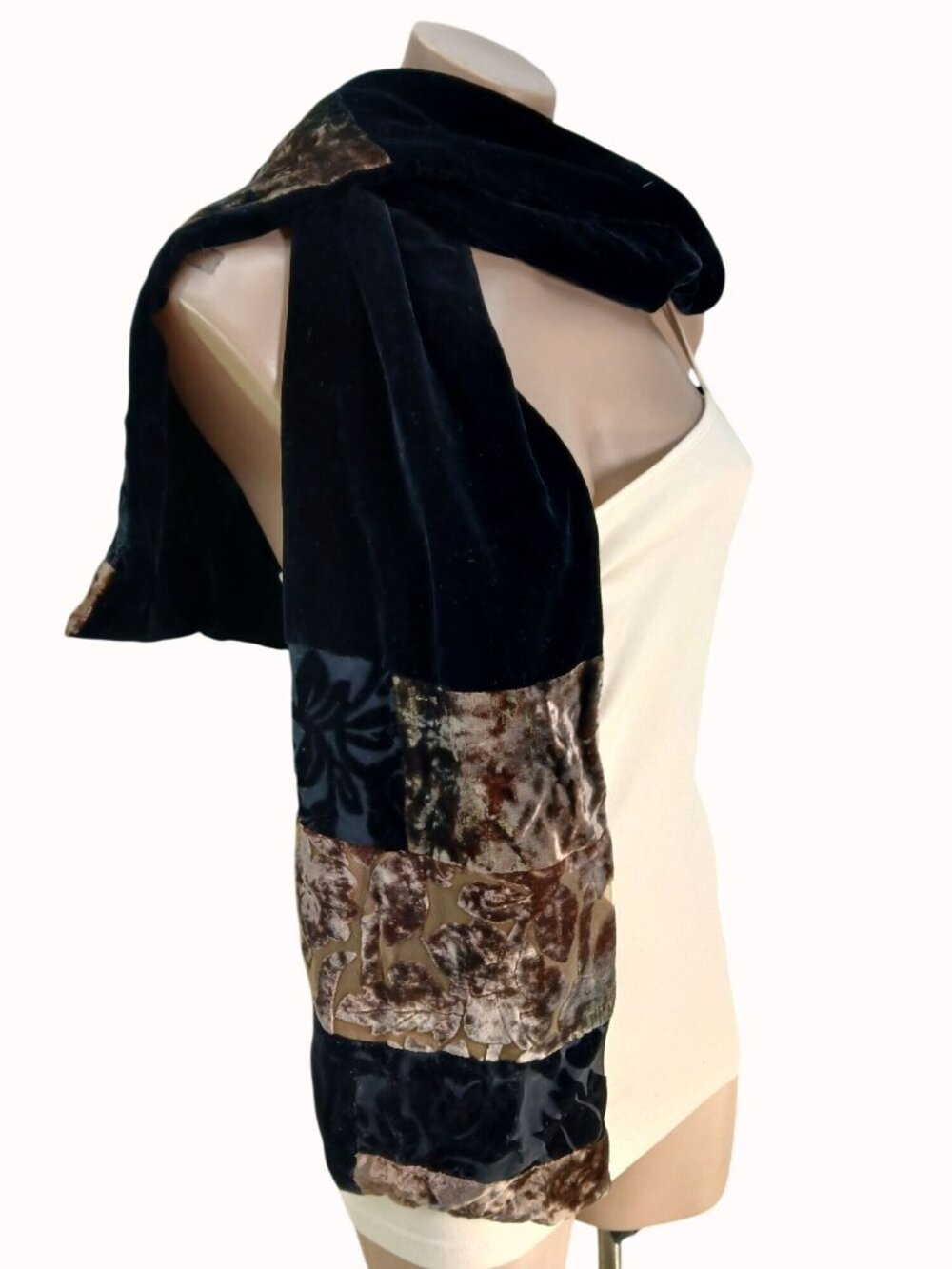 Mina Mann Black Gold Silk Velour Velvet Brown Burnout Scarf Wrap 62x9" - Picture 15 of 15